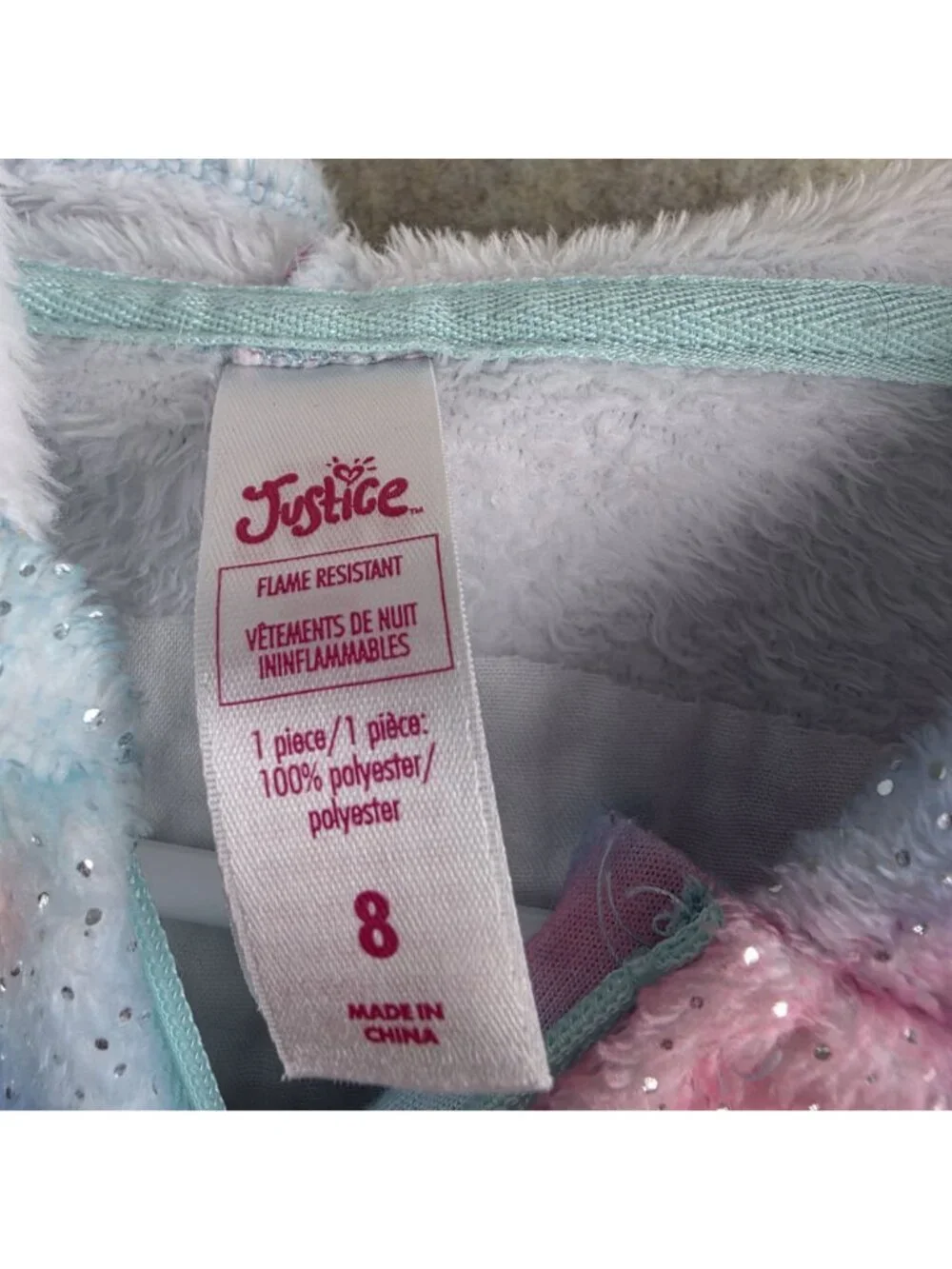Justice Girl Hooded One-Piece Pajamas Pink/Blue/Multicolor Size 8 100% Polyester